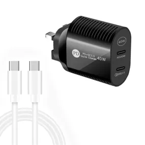 Dual Port 40W PD / Type-C Fast Charger with 1m Type-C Data Cable, UK Plug