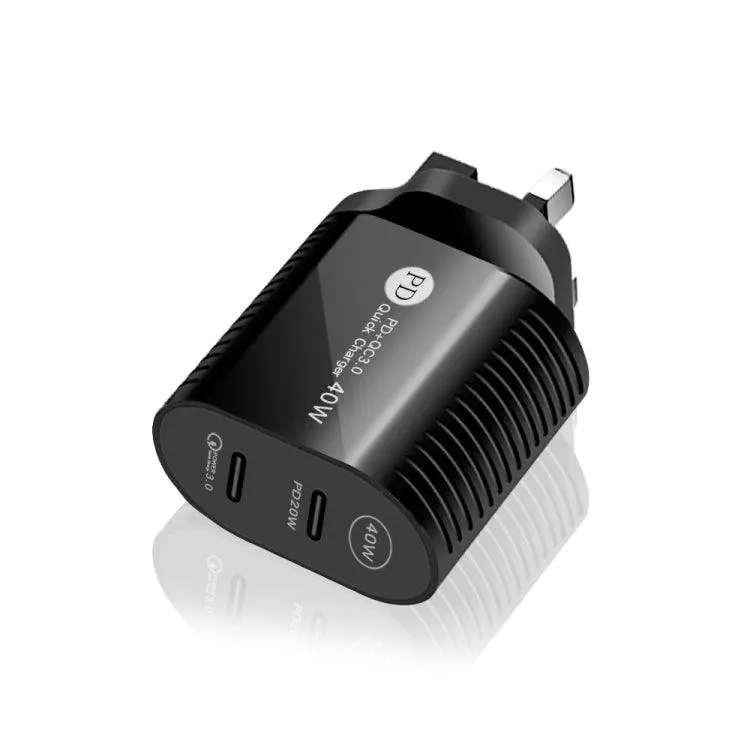 Dual Port 40W PD / Type-C Fast Charger with 1m Type-C Data Cable, UK Plug