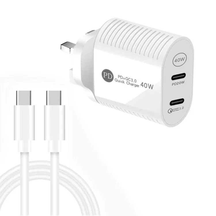 Dual Port 40W PD / Type-C Fast Charger with 1m Type-C Data Cable, UK Plug