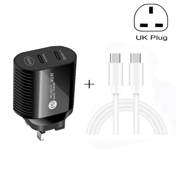 Dual Port 40W PD / Type-C Fast Charger with 1m Type-C Data Cable, UK Plug