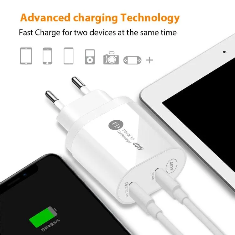 Dual Port 40W PD / Type-C Fast Charger with 1m Type-C Data Cable, UK Plug