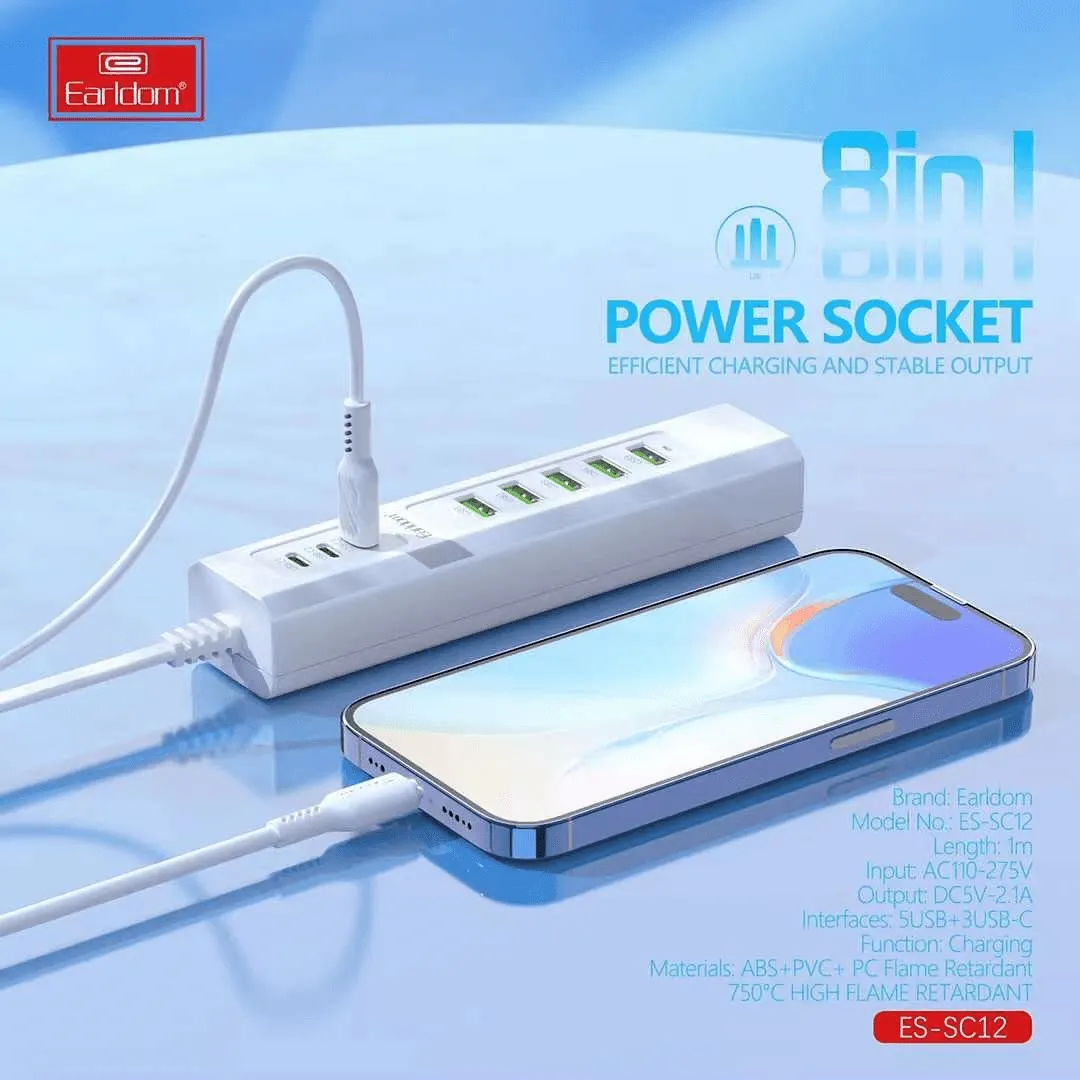 Earldom 8 In 1 Power Socket 5 USB Ports & 3 Type-C Ports - SC12