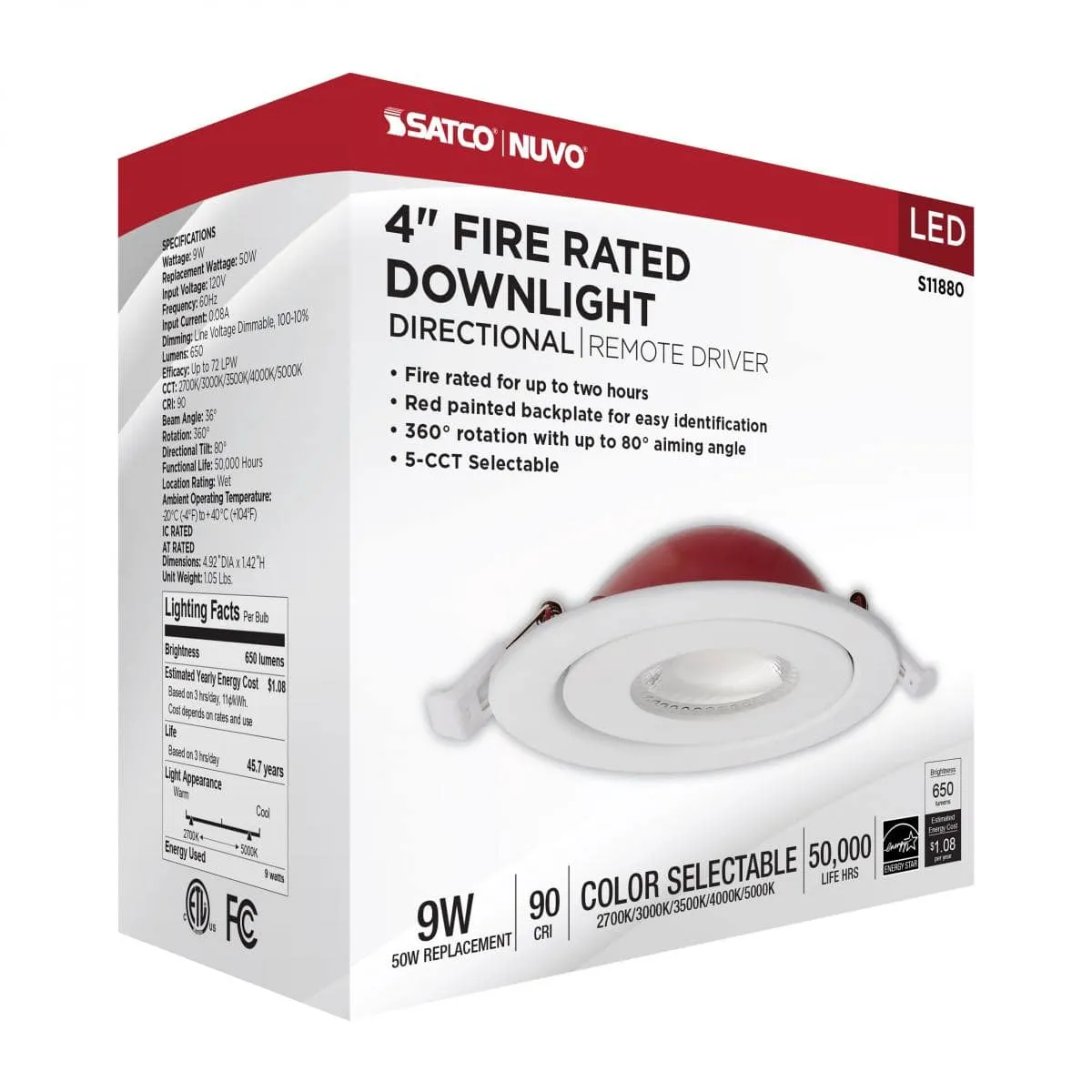 Fire Rated; 4 Inch Direct Wire Directional Downlight; Round Shape; White Finish; CCT Selectable