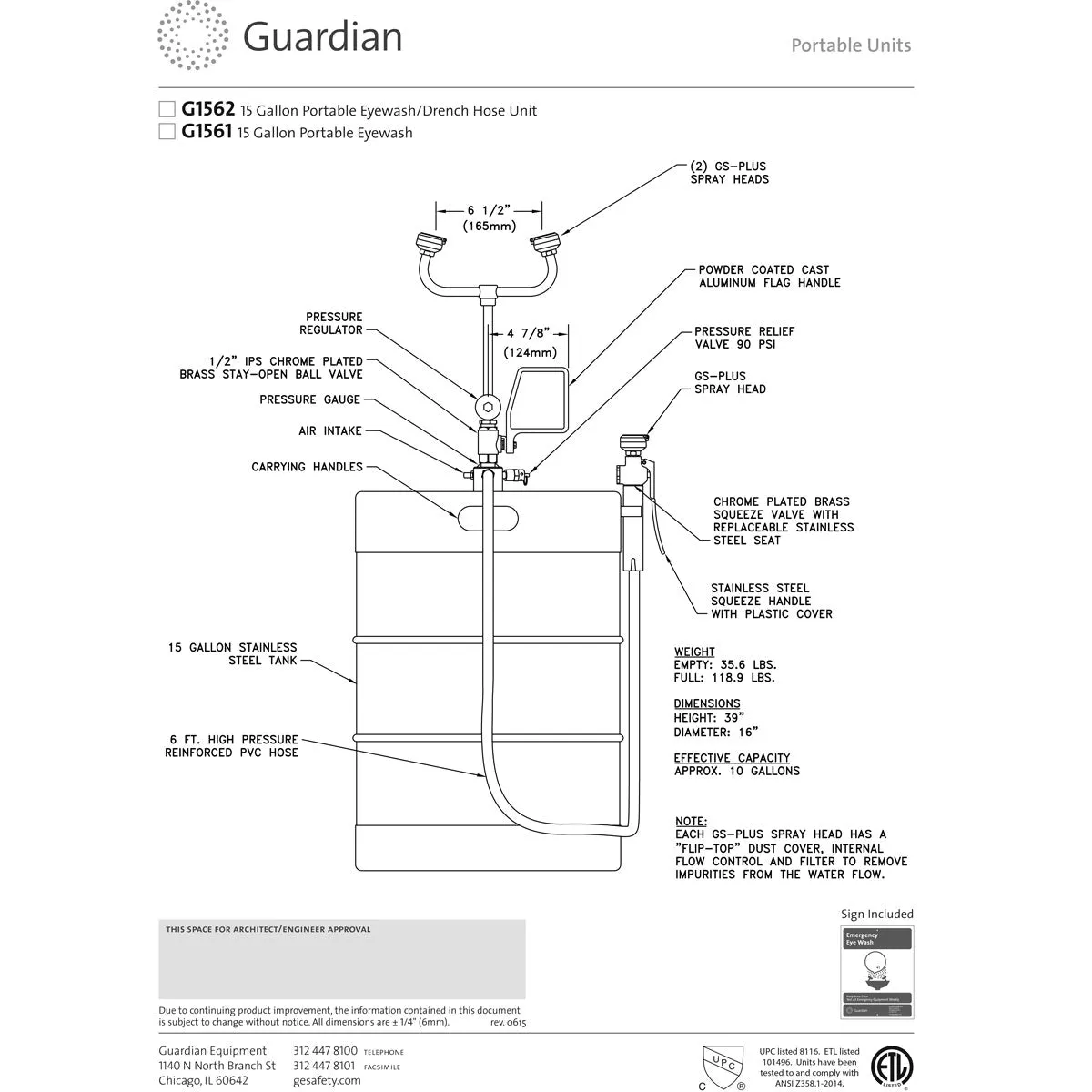 Guardian G1562HAT 15 Gal Portable Eye Wash/Drench Hose, with Hand Truck