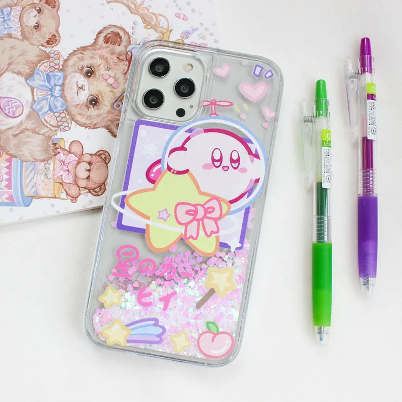 Japanese Cartoon Pink Monster Starkabi in Space Pink Glitter QuickSand iPhone Case 6 7 8 PLUS SE2 XS XR X 11 12 13 14 15 Pro Promax 12mini 13mini