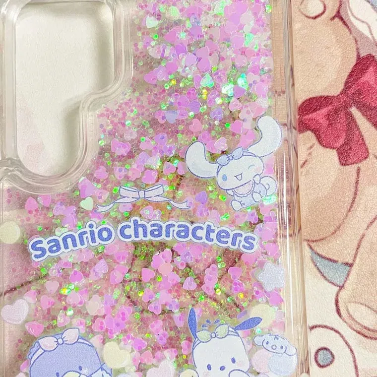 Japanese Cartoon Sanrio Friends Baby Style Hello Kitty My Melody Kuromi Little Twin Stars Cinnamoroll Pompompurin Pocaccho - Glitter QuickSand iPhone Case 6 7 8 PLUS SE2 XS XR X 11 12 13 14 15 Pro Promax 12mini 13mini