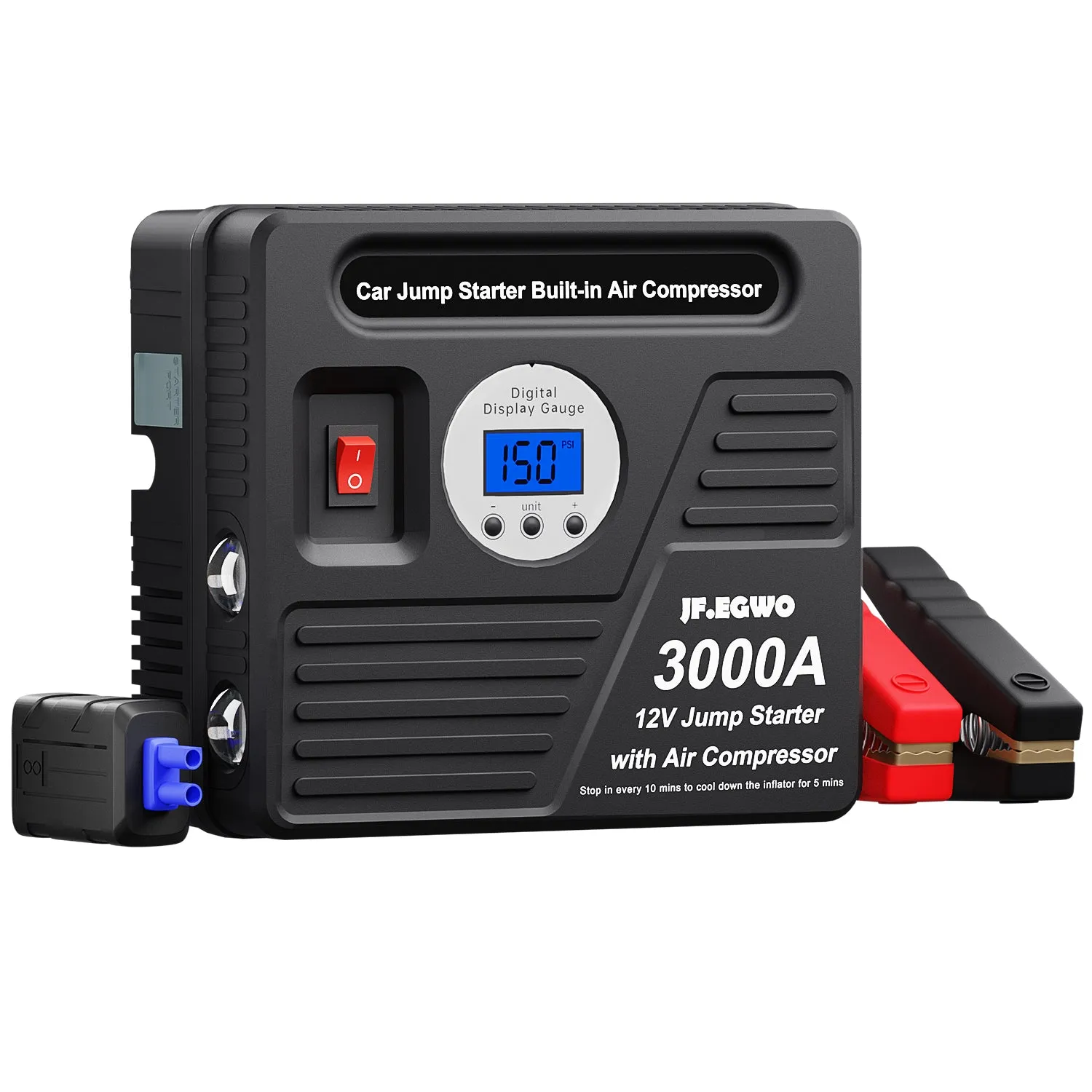 JFEGWO 3000A Car Battery Jump Starter Booster with Air Compressor Black (For EU Customers)