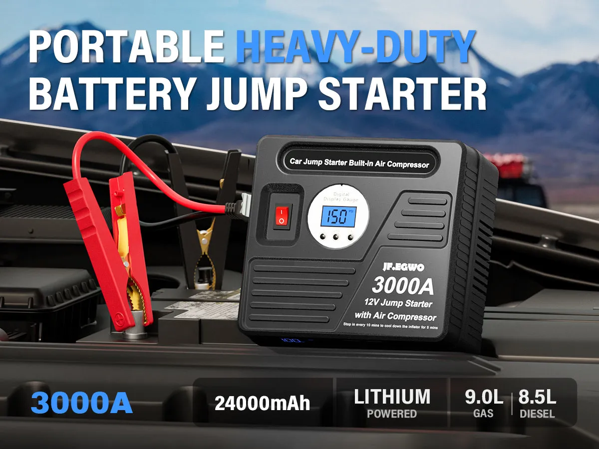 JFEGWO 3000A Car Battery Jump Starter Booster with Air Compressor Black (For EU Customers)