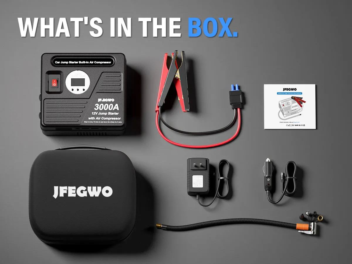 JFEGWO 3000A Car Battery Jump Starter Booster with Air Compressor Black (For EU Customers)