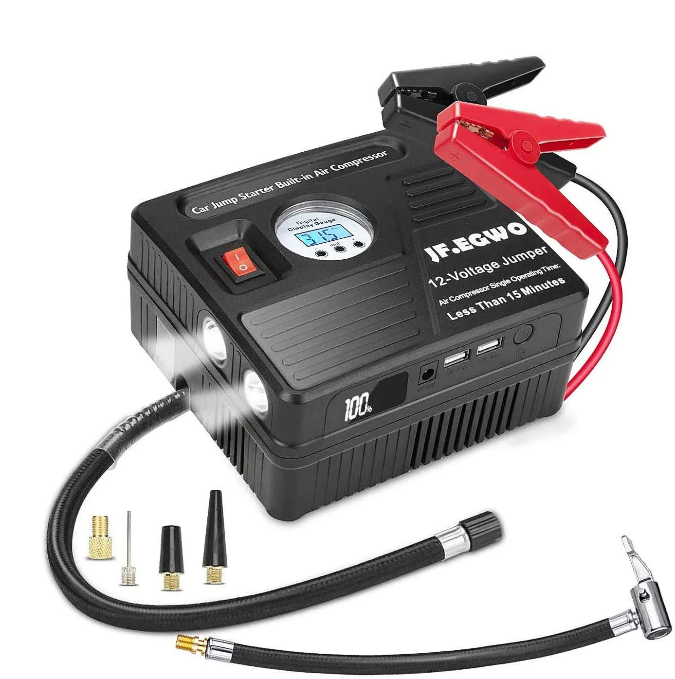 JFEGWO 3000A Car Battery Jump Starter Booster with Air Compressor Black (For EU Customers)