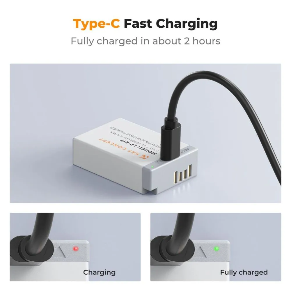 K&F Concept LP-E17 2pcs (2-Pack) 1040mAh Battery with Direct USB Type-C Fast Charging Port for Canon EOS R10, EOS M6 Mark II, Rebel SL2, T6i, T6s, T7i, EOS 200D 750D 760D 77D, 800D 8000D KISS X8i DSLR Cameras