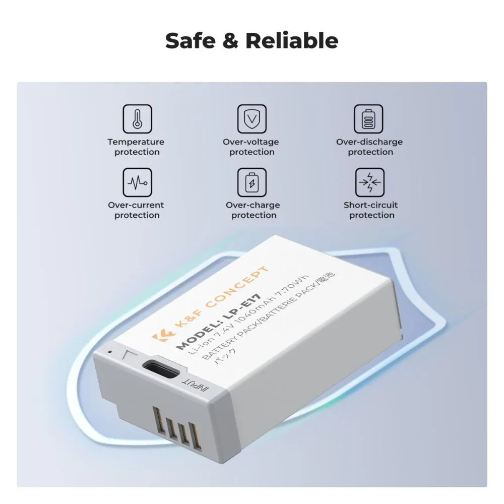 K&F Concept LP-E17 2pcs (2-Pack) 1040mAh Battery with Direct USB Type-C Fast Charging Port for Canon EOS R10, EOS M6 Mark II, Rebel SL2, T6i, T6s, T7i, EOS 200D 750D 760D 77D, 800D 8000D KISS X8i DSLR Cameras
