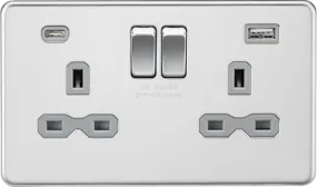 Knightsbridge Screwless 13A 2 Gang Switched Socket Dual USB A C Polished Chrome with Grey Insert