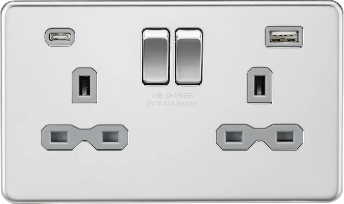 Knightsbridge Screwless 13A 2 Gang Switched Socket Dual USB A C Polished Chrome with Grey Insert