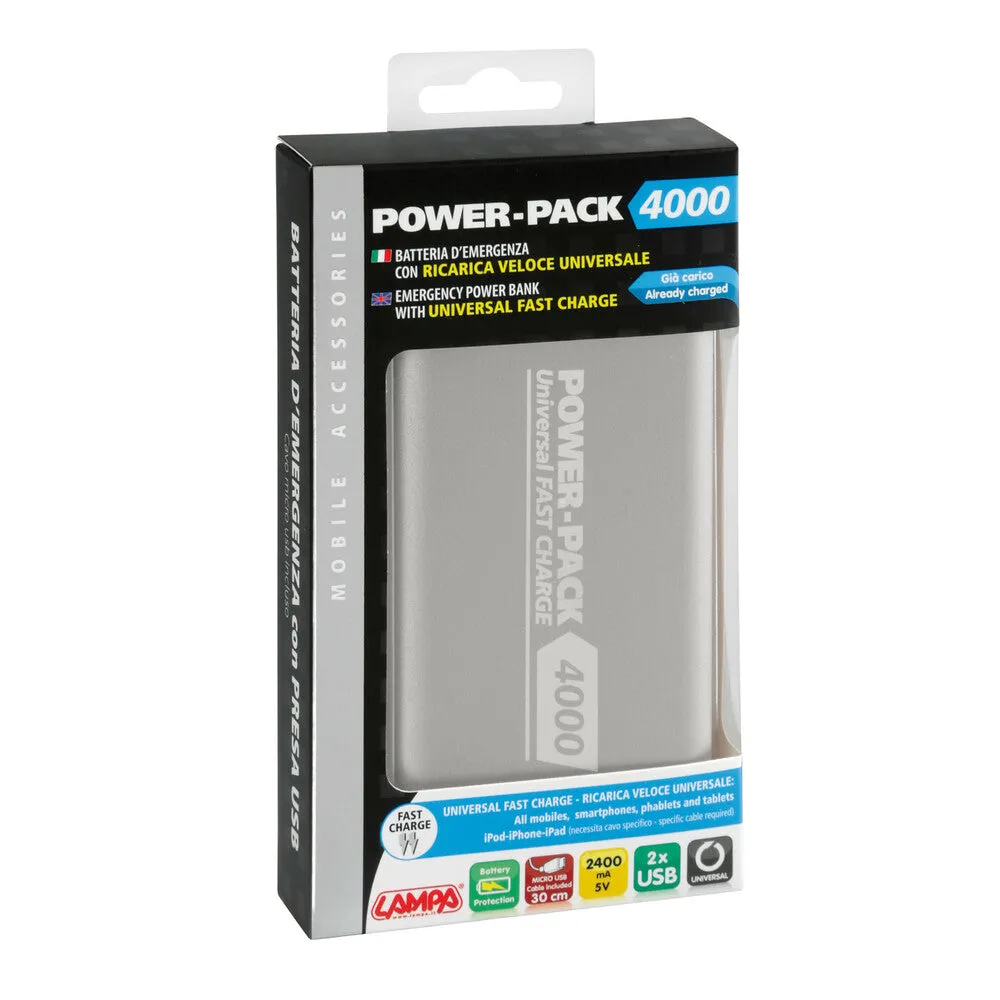 LAMPA POWER PACK 4000 BATTERIA D'EMERGENZA CON RICARICA VELOCE 2 PORTE USB