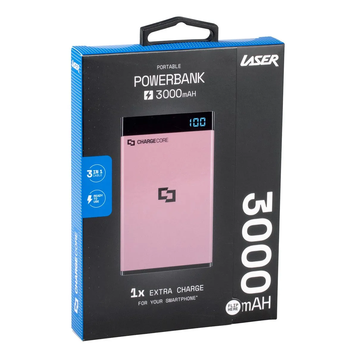 Laser 3000mAh Power Bank with 3-in-1 Cable - Black - Pink - Blue