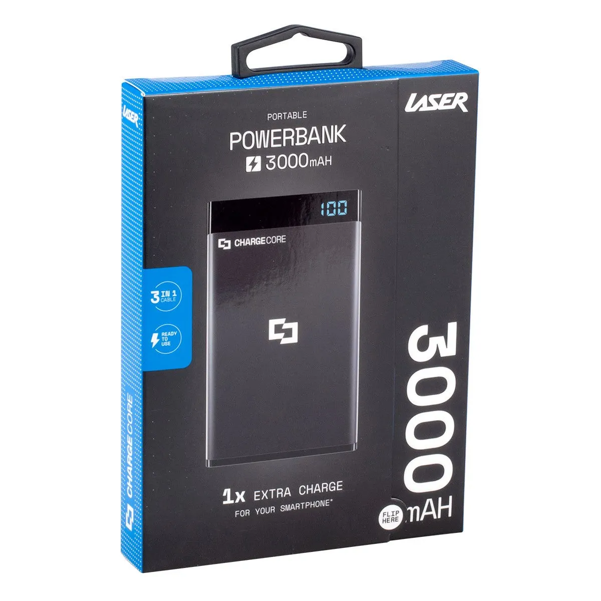 Laser 3000mAh Power Bank with 3-in-1 Cable - Black - Pink - Blue