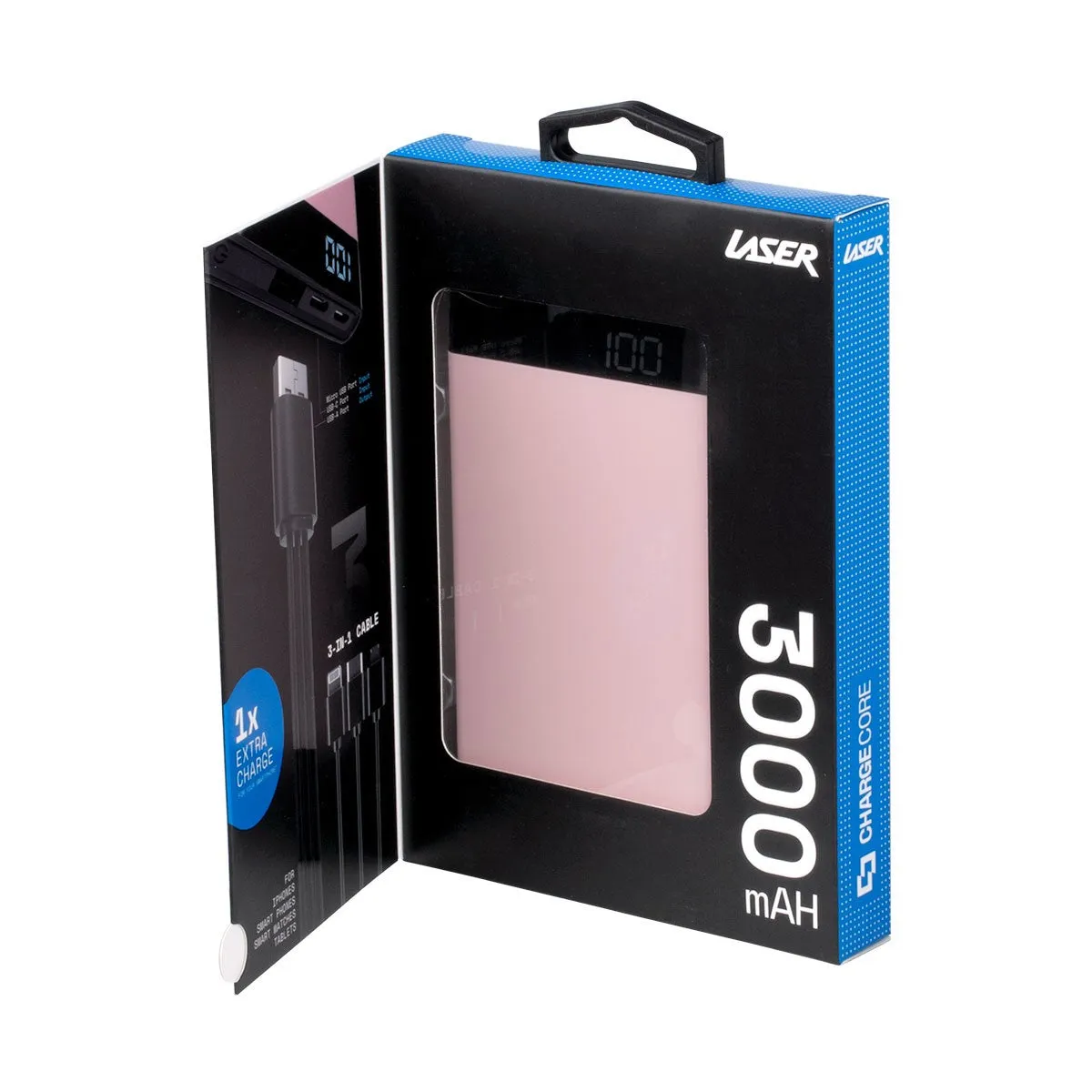 Laser 3000mAh Power Bank with 3-in-1 Cable - Black - Pink - Blue