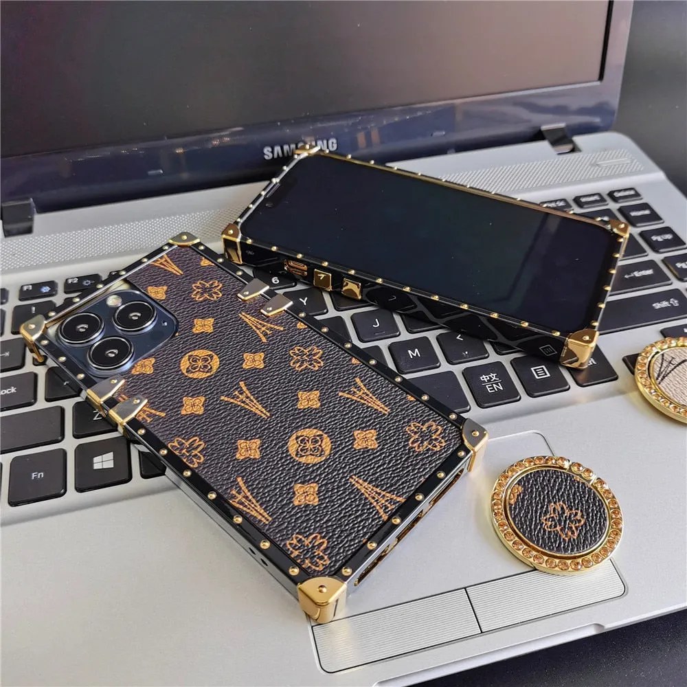 Luxury Flower Geometric Pattern Square Leather Phone Case For iPhone 14 PRO MAX 13 PRO 12 11 X XS XR 6S 7 8 14 Plus Soft Cover