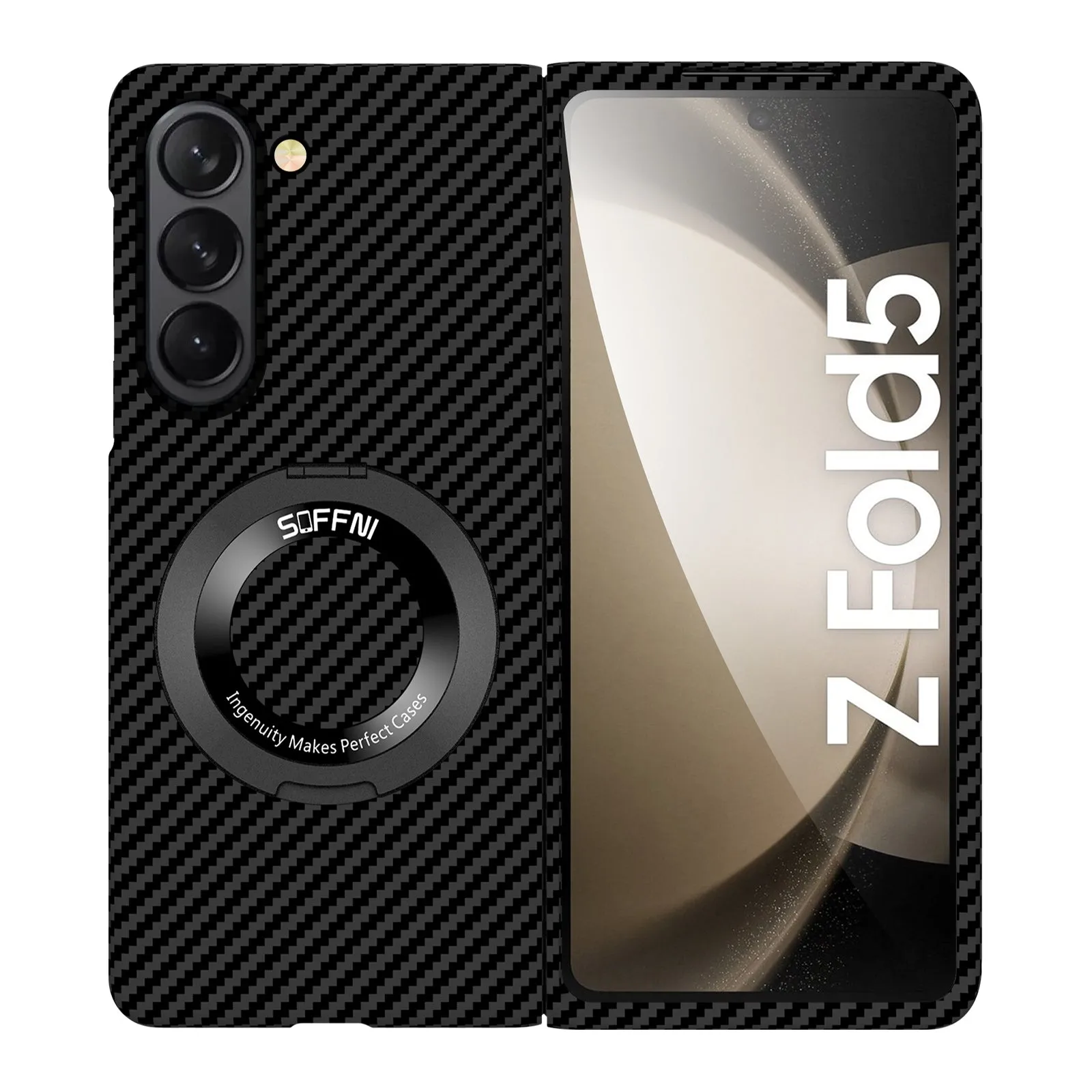 Magnetic  Carbon Fiber Phone Case With Roating Ring Bracket For Samsung Galaxy Z Fold5