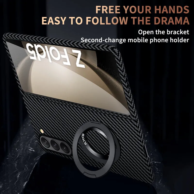 Magnetic  Carbon Fiber Phone Case With Roating Ring Bracket For Samsung Galaxy Z Fold5