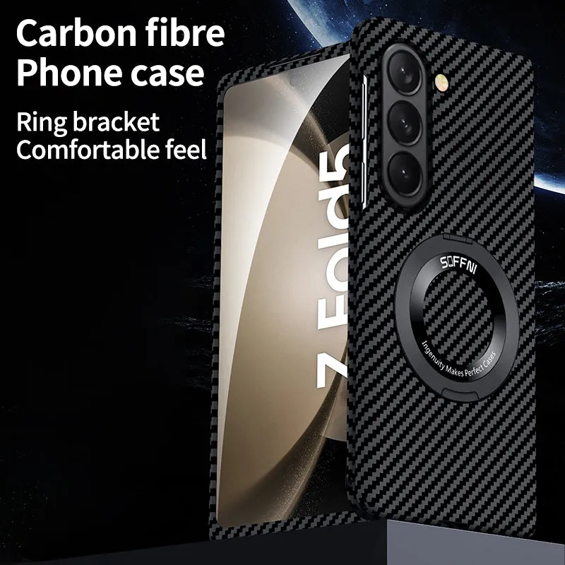 Magnetic  Carbon Fiber Phone Case With Roating Ring Bracket For Samsung Galaxy Z Fold5