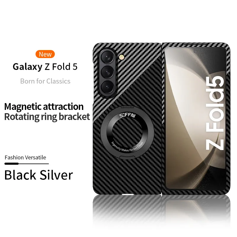 Magnetic  Carbon Fiber Phone Case With Roating Ring Bracket For Samsung Galaxy Z Fold5