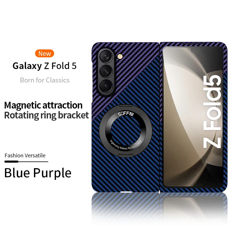 Magnetic  Carbon Fiber Phone Case With Roating Ring Bracket For Samsung Galaxy Z Fold5