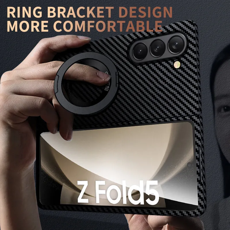 Magnetic  Carbon Fiber Phone Case With Roating Ring Bracket For Samsung Galaxy Z Fold5