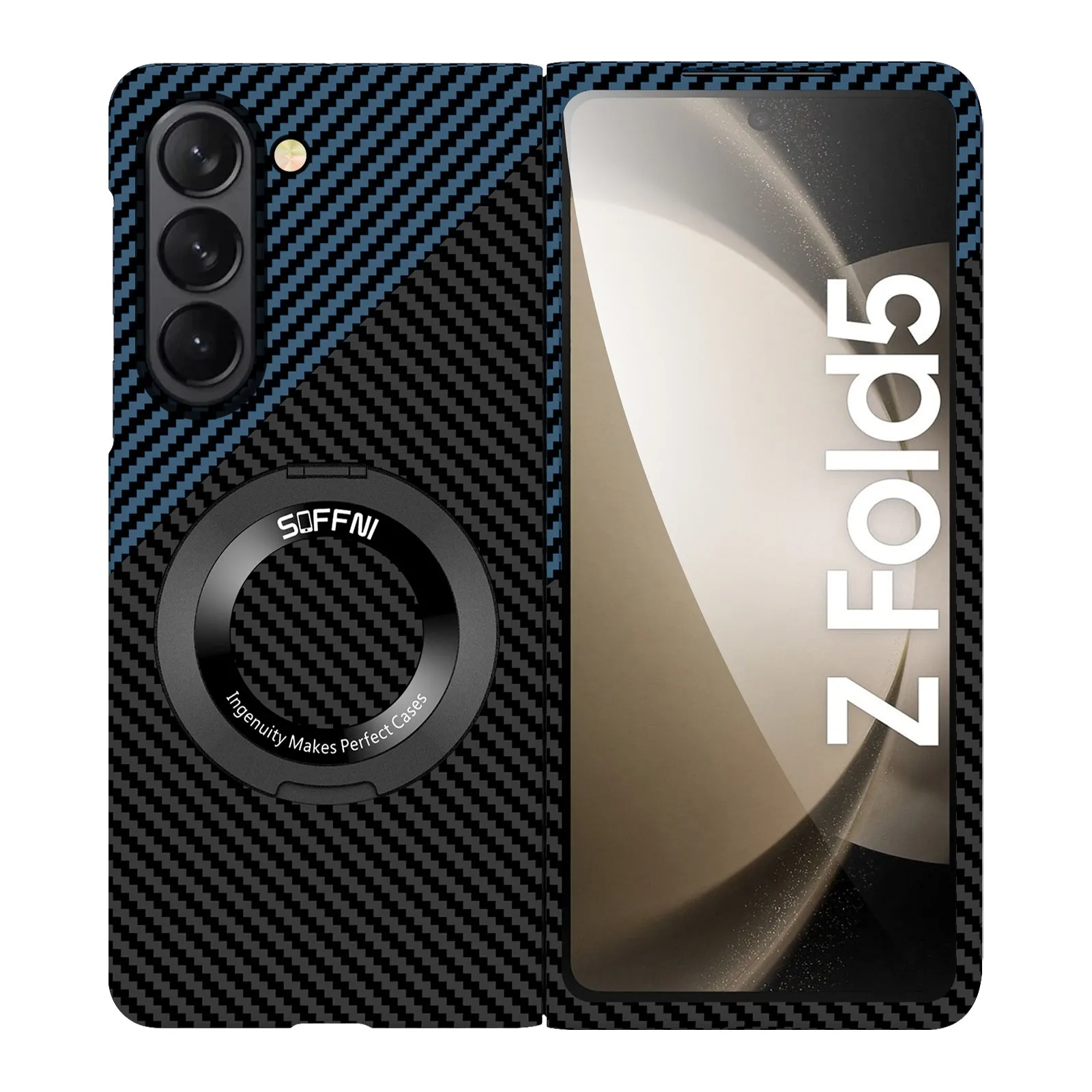 Magnetic  Carbon Fiber Phone Case With Roating Ring Bracket For Samsung Galaxy Z Fold5