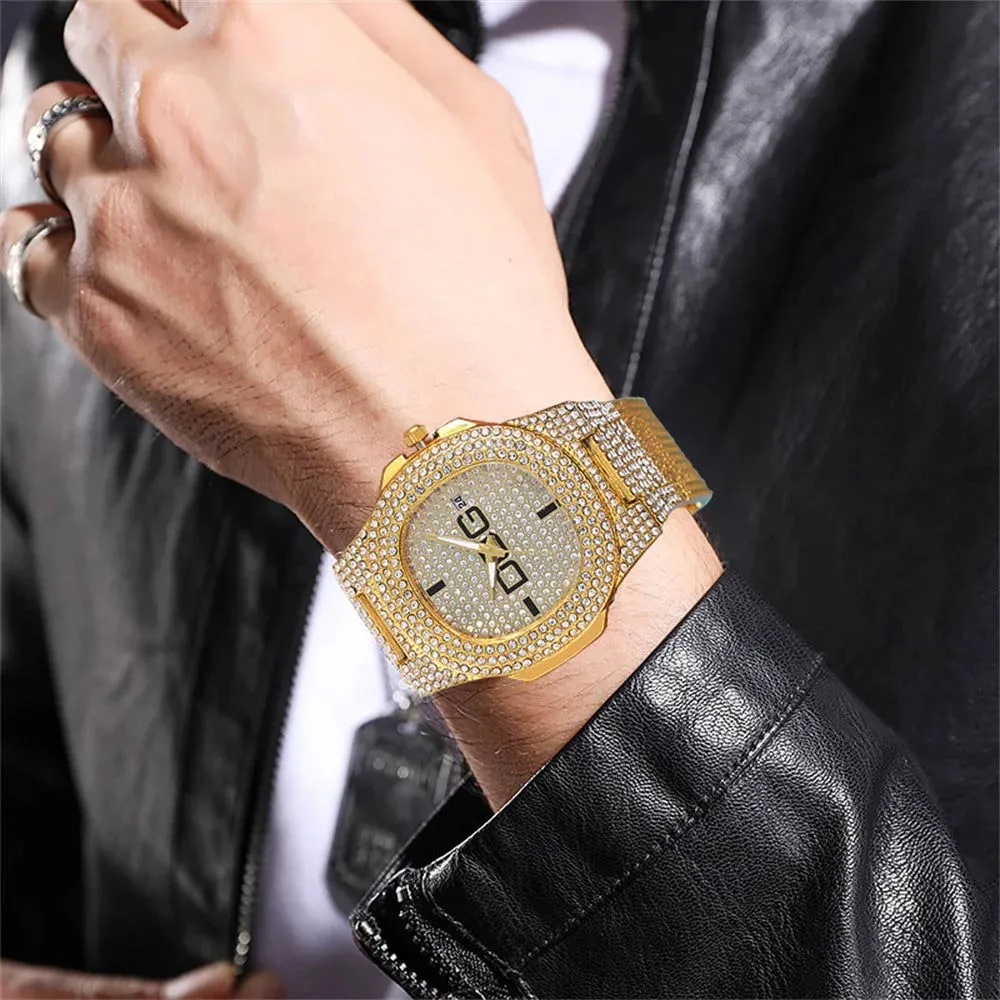 Man's Watch Luxury Full Star Diamonds Calendar Quartz Watches Fashion Rose Gold Stainless Steel Male Hip Hop Large Dial Clock