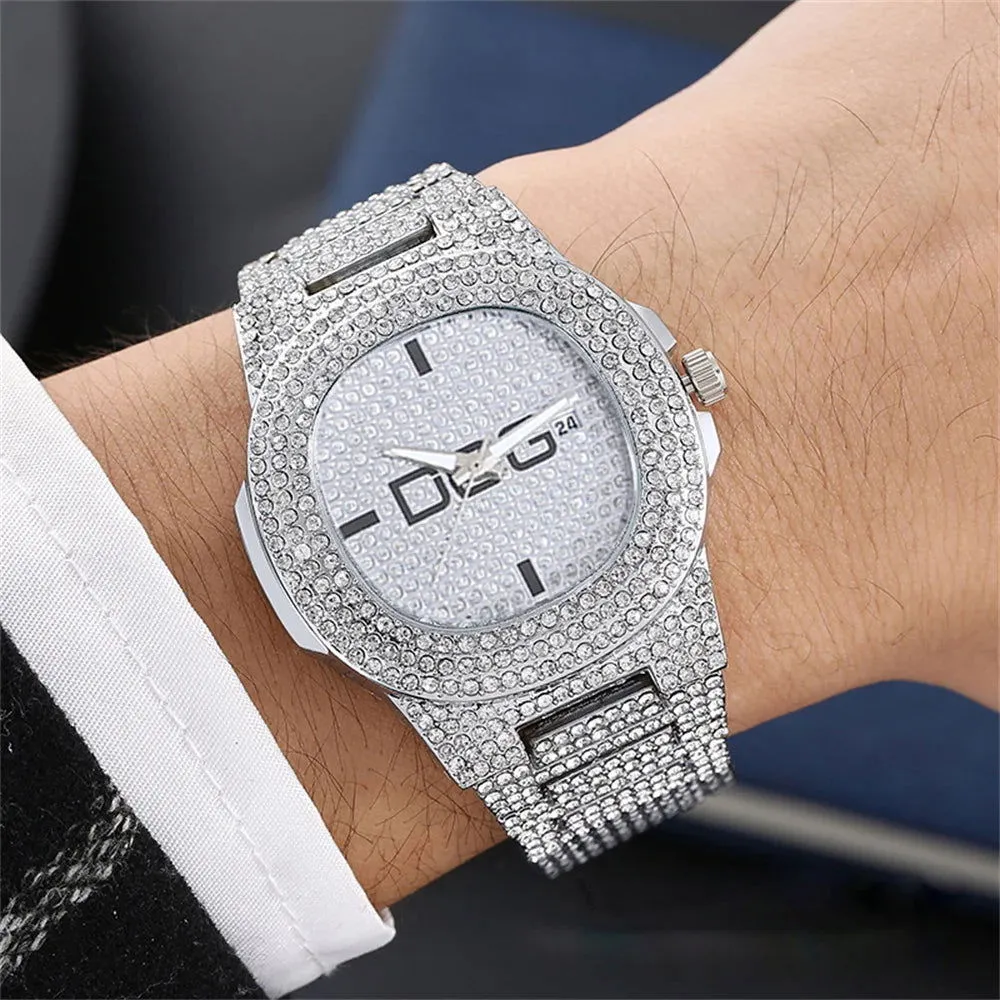 Man's Watch Luxury Full Star Diamonds Calendar Quartz Watches Fashion Rose Gold Stainless Steel Male Hip Hop Large Dial Clock