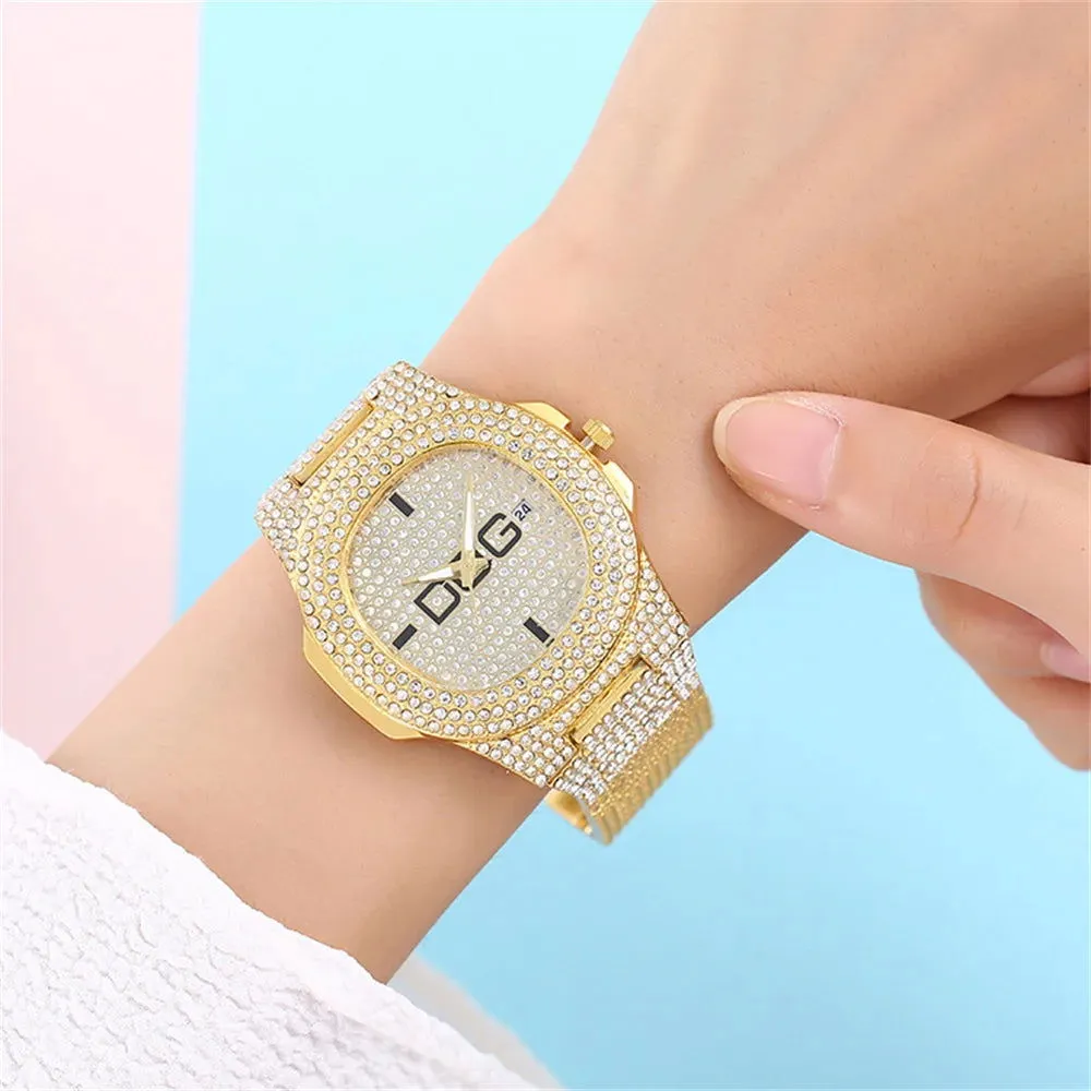 Man's Watch Luxury Full Star Diamonds Calendar Quartz Watches Fashion Rose Gold Stainless Steel Male Hip Hop Large Dial Clock