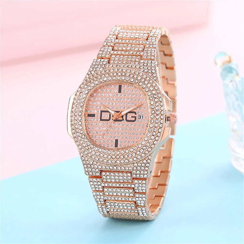 Man's Watch Luxury Full Star Diamonds Calendar Quartz Watches Fashion Rose Gold Stainless Steel Male Hip Hop Large Dial Clock