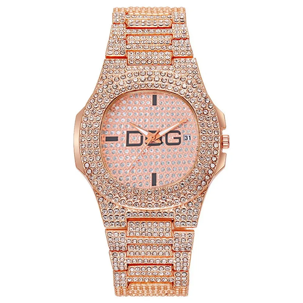 Man's Watch Luxury Full Star Diamonds Calendar Quartz Watches Fashion Rose Gold Stainless Steel Male Hip Hop Large Dial Clock