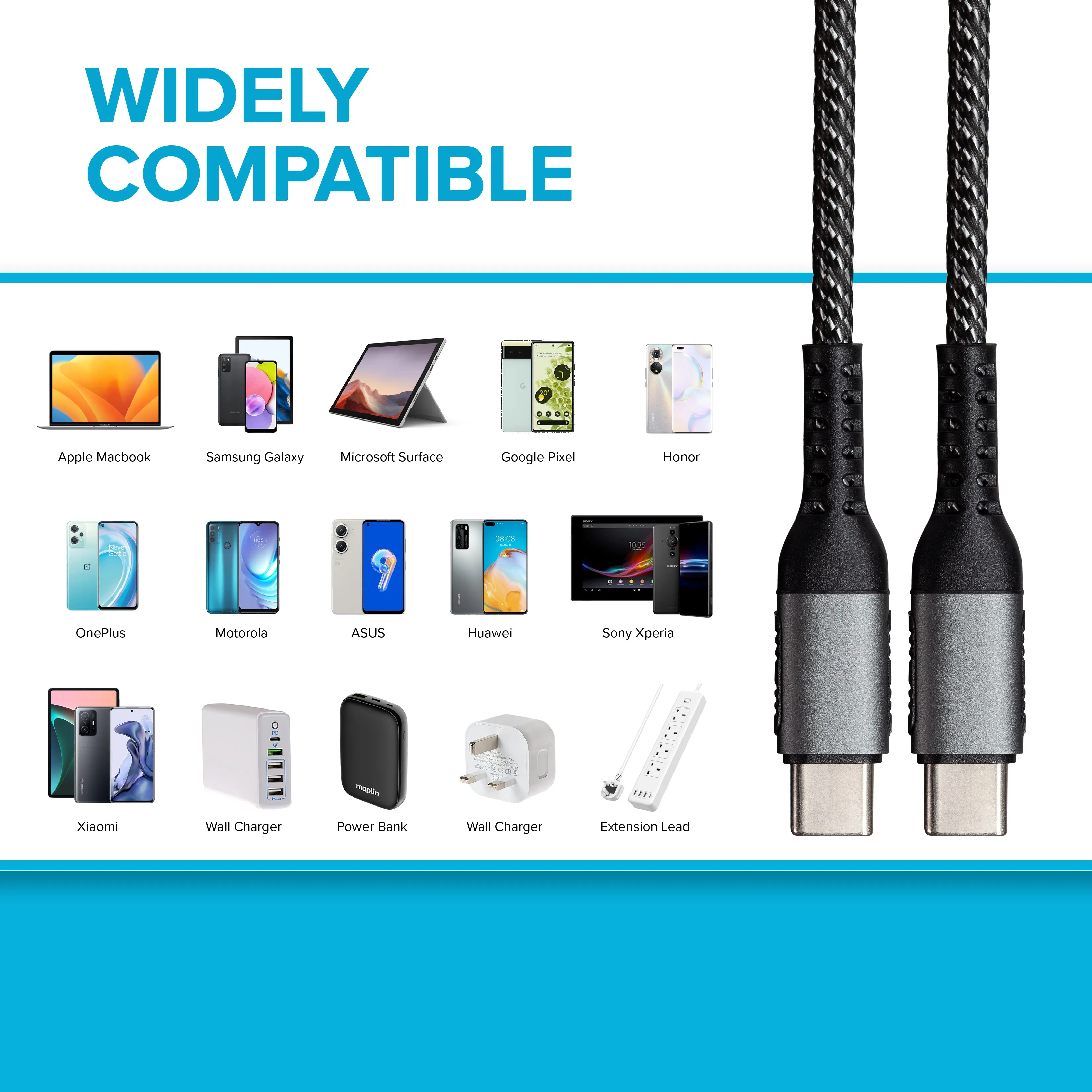 Maplin USB-C to USB-C 60W Braided Cable - Black