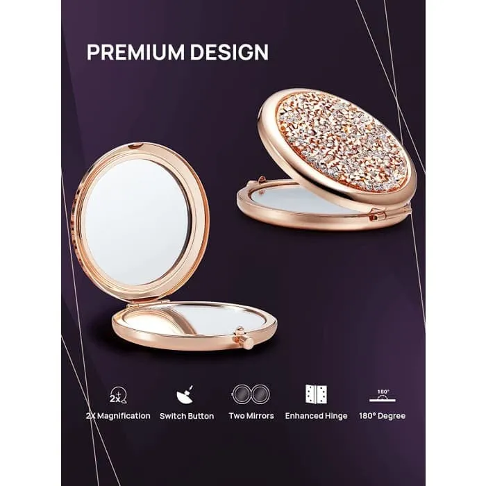 Mini Mix Diamond 1x/2x Magnifying Round Metal Pocket Makeup Mirror (gose Gold)