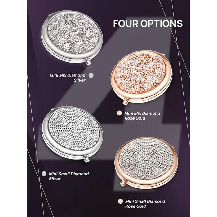 Mini Mix Diamond 1x/2x Magnifying Round Metal Pocket Makeup Mirror (gose Gold)