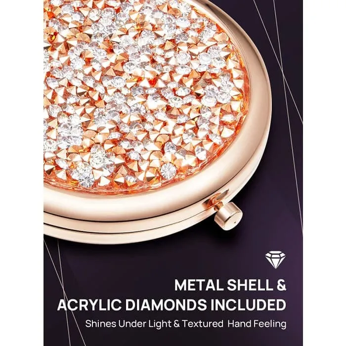 Mini Mix Diamond 1x/2x Magnifying Round Metal Pocket Makeup Mirror (gose Gold)