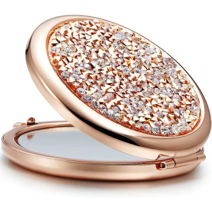 Mini Mix Diamond 1x/2x Magnifying Round Metal Pocket Makeup Mirror (gose Gold)