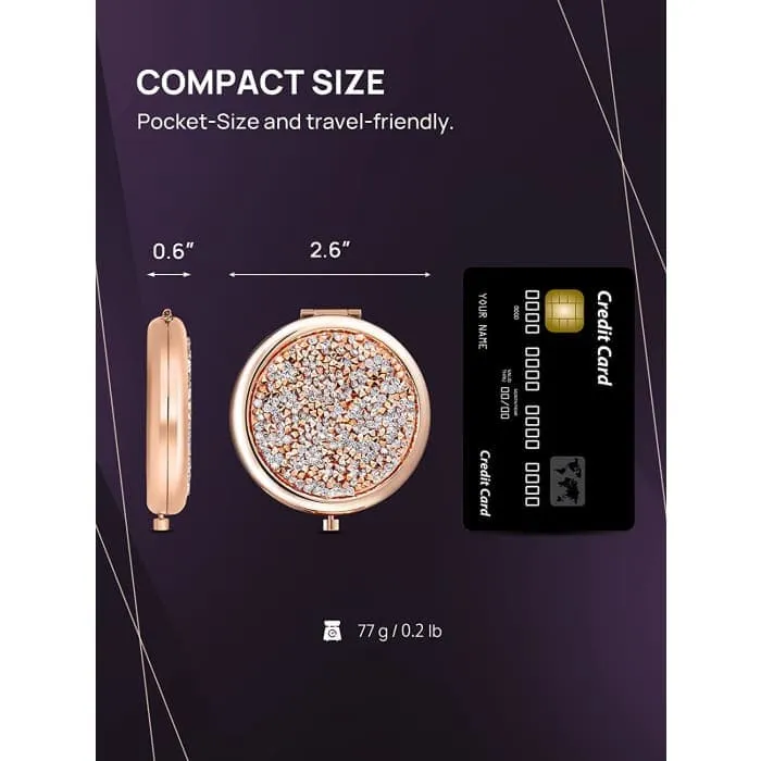 Mini Mix Diamond 1x/2x Magnifying Round Metal Pocket Makeup Mirror (gose Gold)