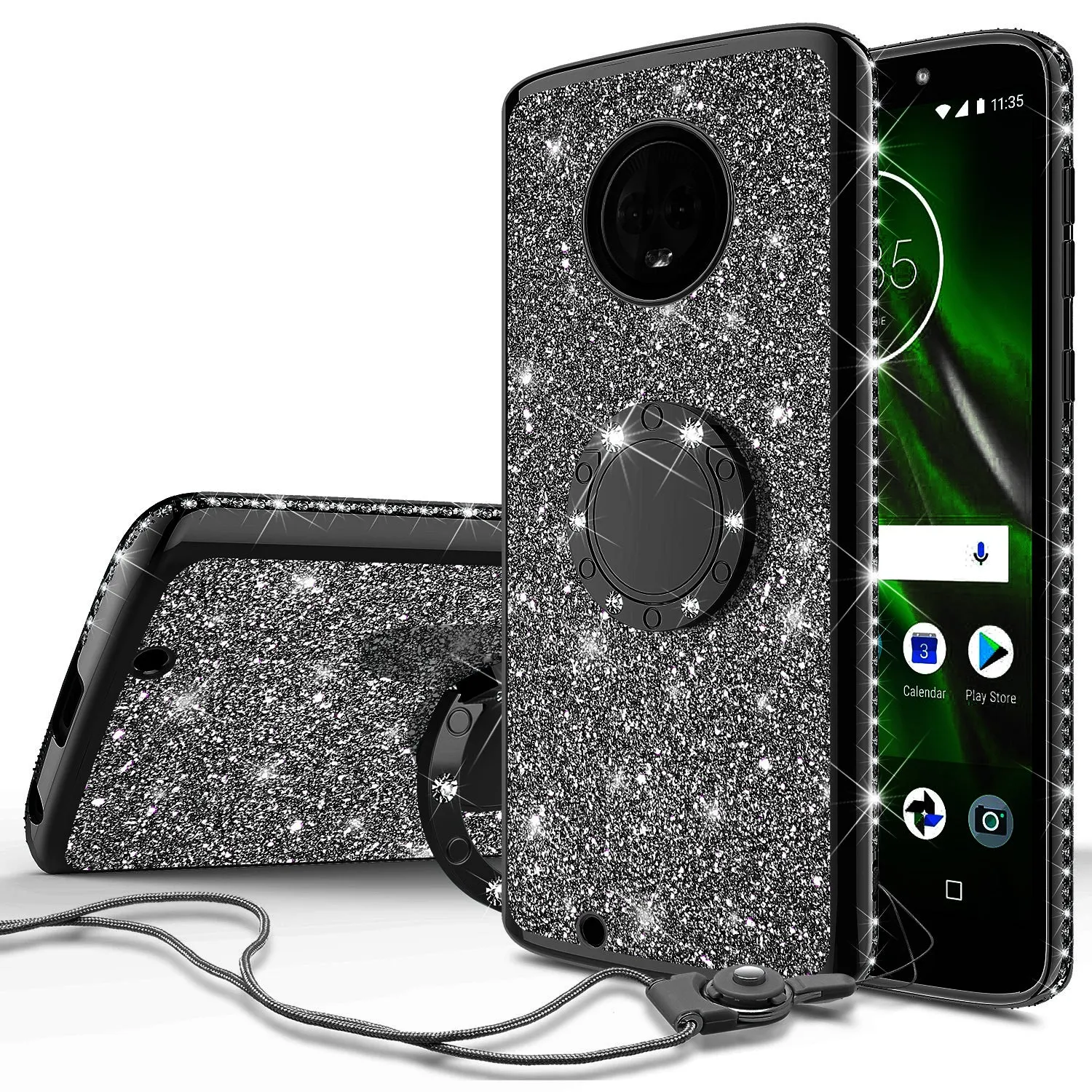 Motorola Moto G6 , Moto G6 2018 Case, Glitter Cute Phone Case Girls with Kickstand,Bling Diamond Rhinestone Bumper Ring Stand Sparkly Luxury Clear Thin Soft Protective Motorola Moto G6 Case for Girl Women - Black