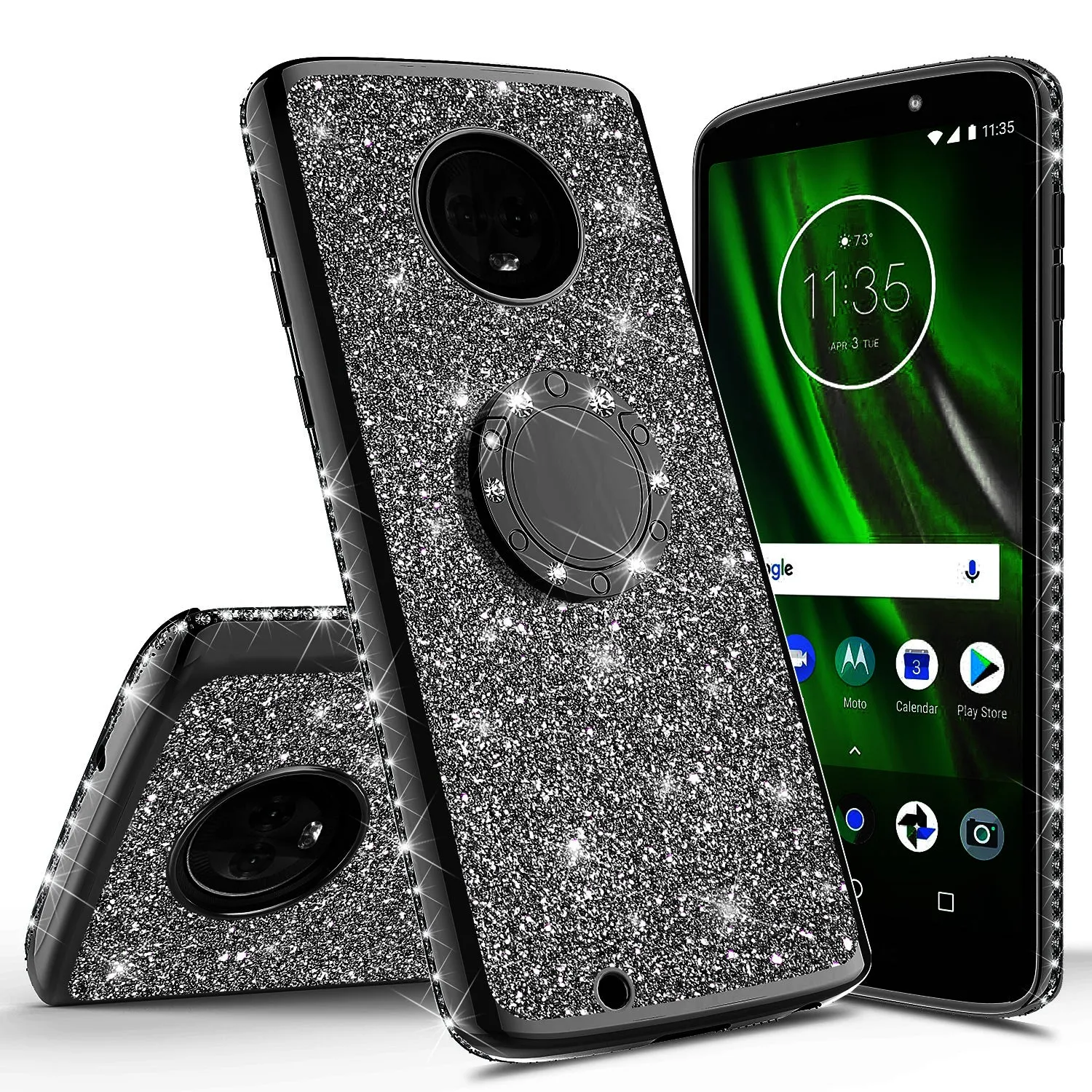 Motorola Moto G6 , Moto G6 2018 Case, Glitter Cute Phone Case Girls with Kickstand,Bling Diamond Rhinestone Bumper Ring Stand Sparkly Luxury Clear Thin Soft Protective Motorola Moto G6 Case for Girl Women - Black