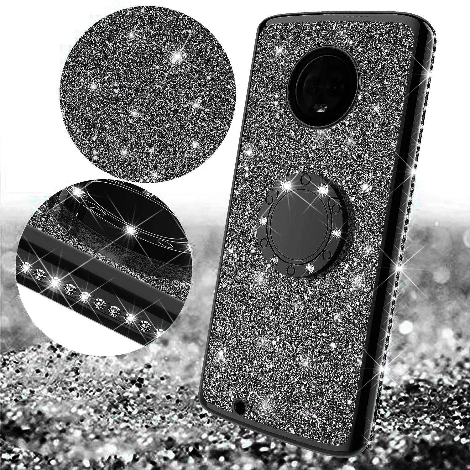 Motorola Moto G6 , Moto G6 2018 Case, Glitter Cute Phone Case Girls with Kickstand,Bling Diamond Rhinestone Bumper Ring Stand Sparkly Luxury Clear Thin Soft Protective Motorola Moto G6 Case for Girl Women - Black