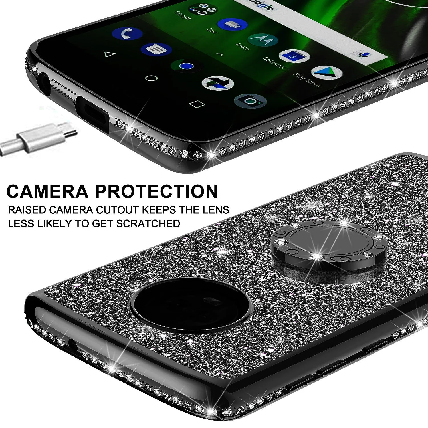 Motorola Moto G6 , Moto G6 2018 Case, Glitter Cute Phone Case Girls with Kickstand,Bling Diamond Rhinestone Bumper Ring Stand Sparkly Luxury Clear Thin Soft Protective Motorola Moto G6 Case for Girl Women - Black