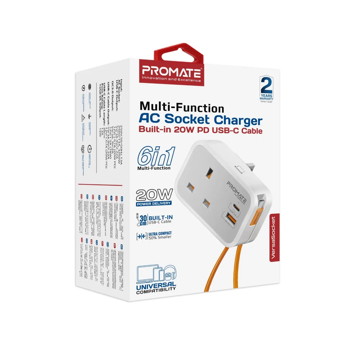 Multi-Function AC Socket Charger with Built-In 20W PD USB-C Cable