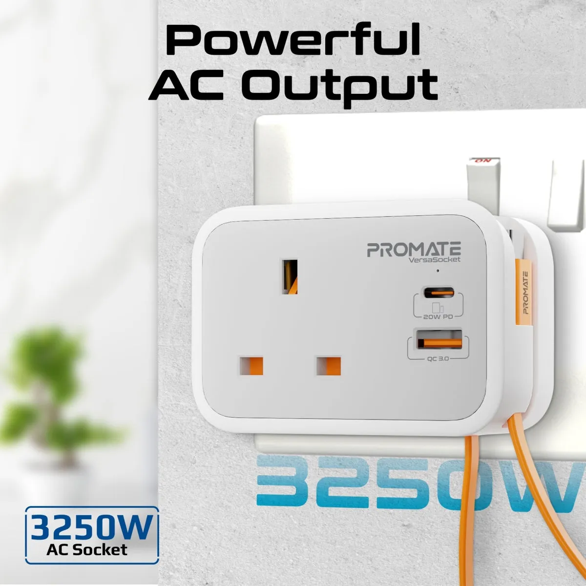 Multi-Function AC Socket Charger with Built-In 20W PD USB-C Cable