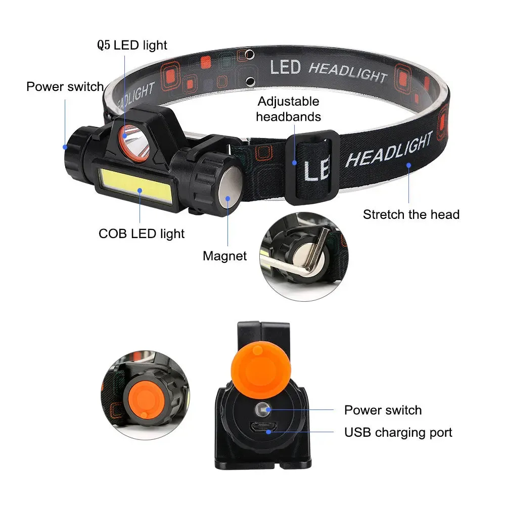 Portable Mini Flashlight Q5 COB Led Headlamp High Power Rechargeable Built-in Battery Outdoor Camping Fishing Headlight