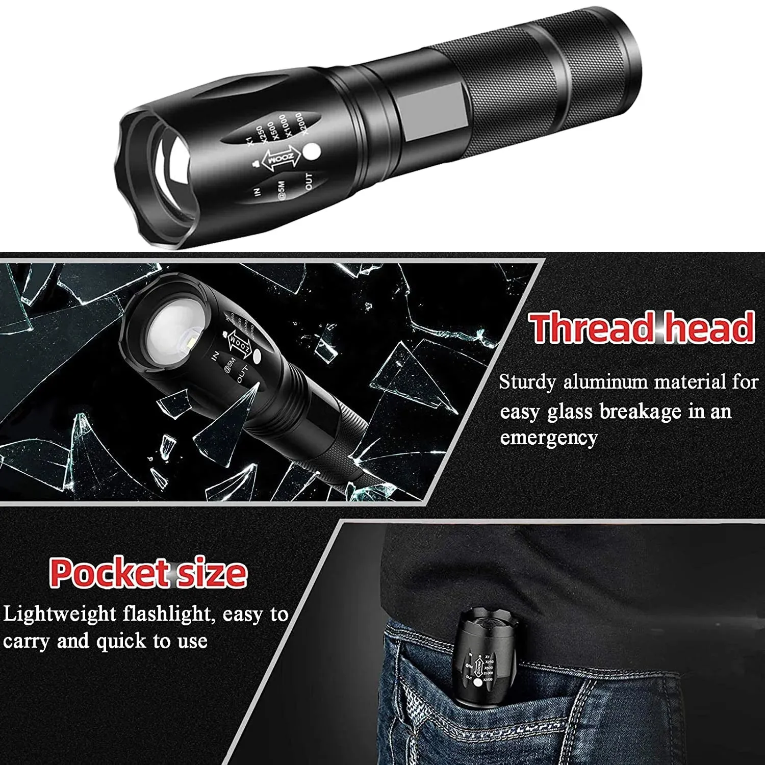 Powerful T6 LED Super Bright Aluminum Alloy Portable Flashlight USB Charging IPX5 Waterproof Camping Climbing Torch