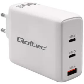 Qoltec 100W Gan Wall Charger | 5-20V | 1.5-5A | 2 X Usb-C Pd | 1 X Usb Qc 3.0 | White